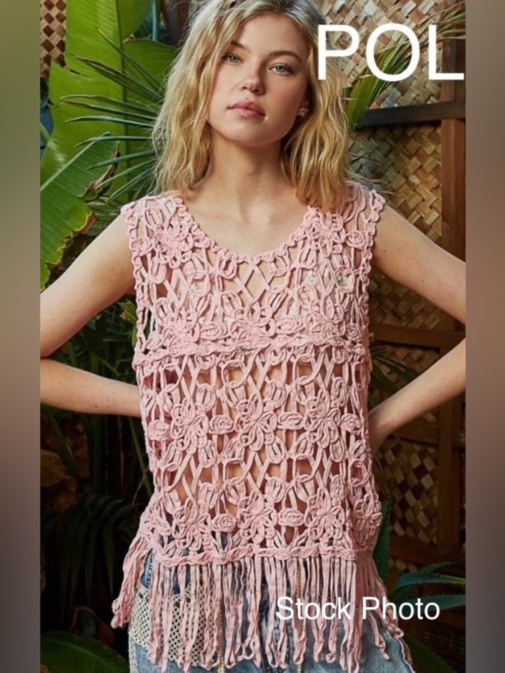 POL Pink Crochet Fringe Sleeveless Crochet Top • Size O/S • NWOT